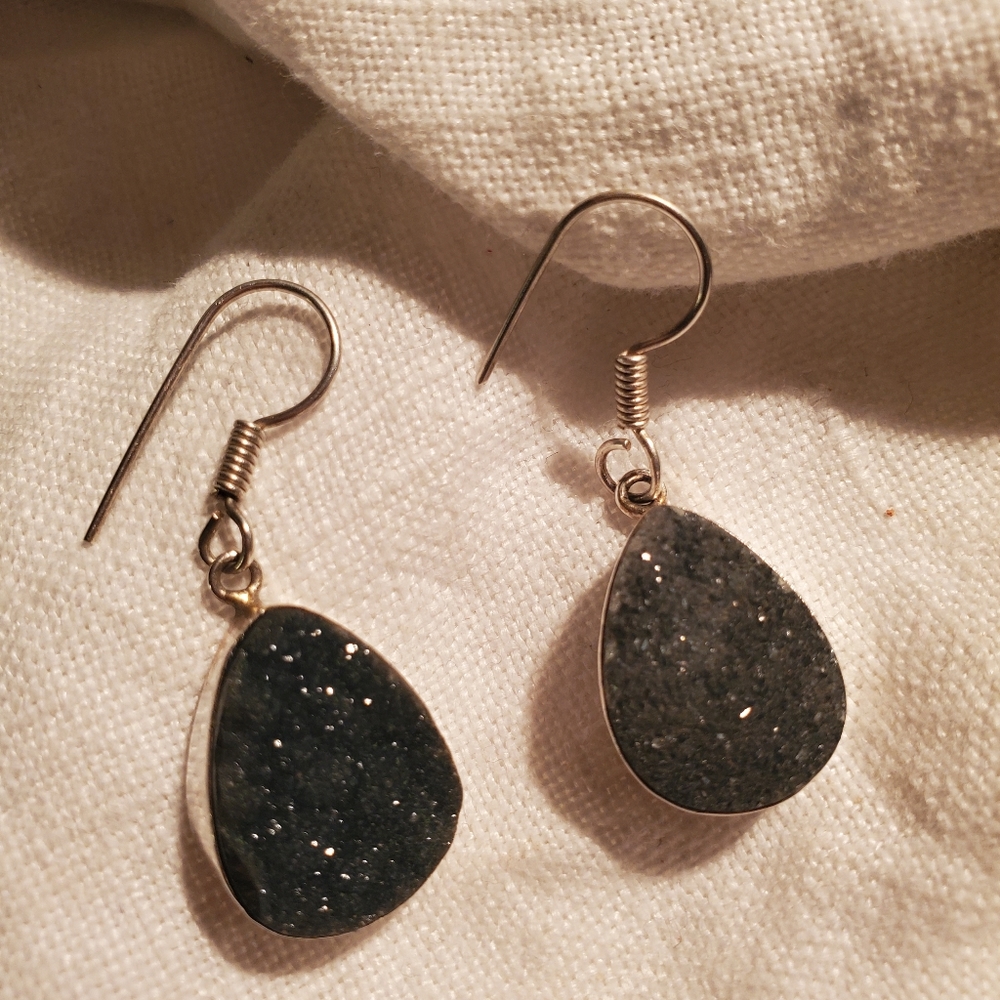 Modern Teardrop Silver and Black Druzy Quartz Earrings 925